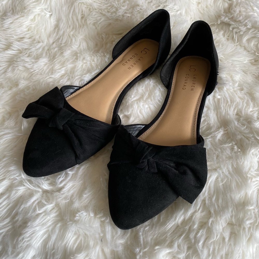 LC Lauren Conrad Black Bow Pointed-Toe D'Orsay Flats